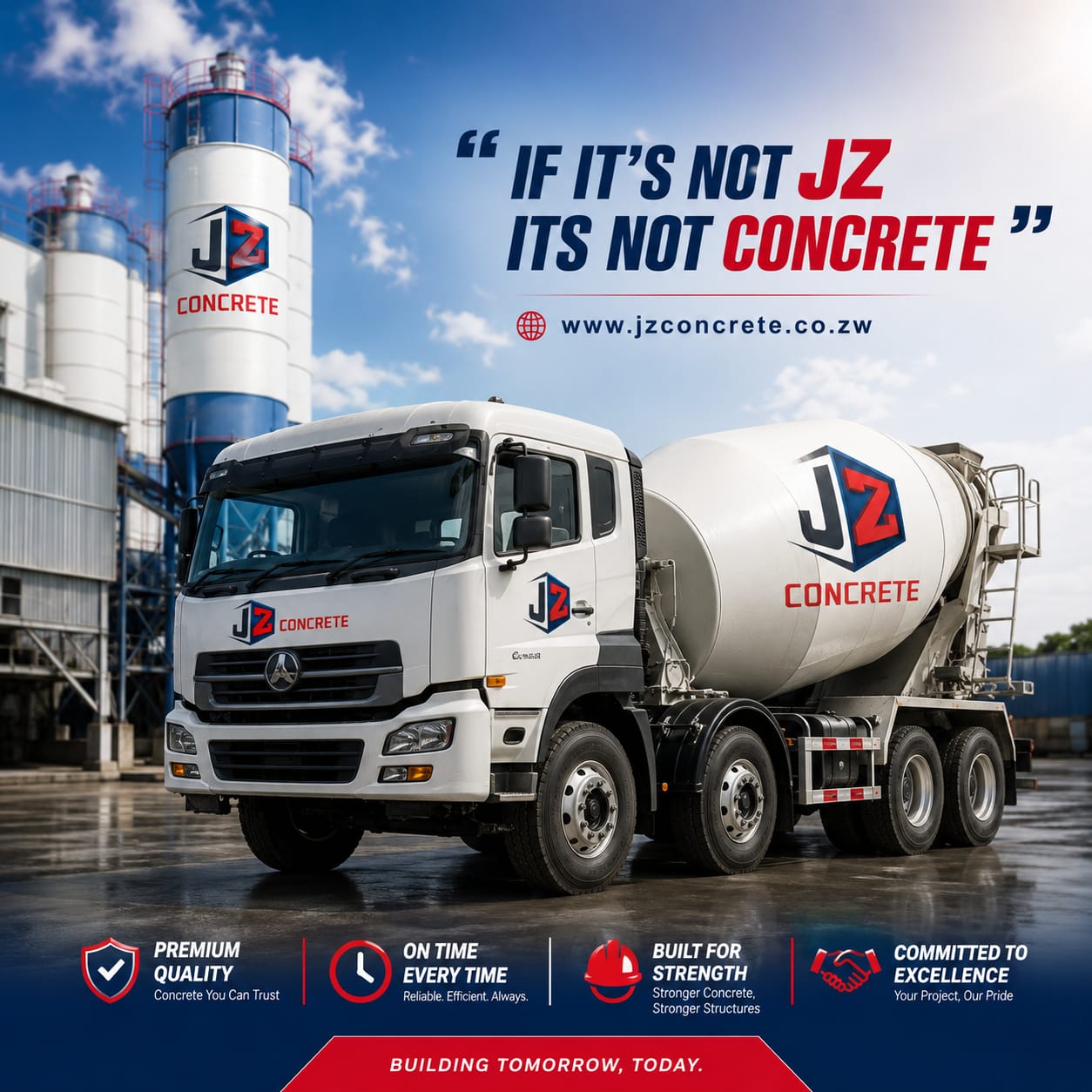 J Z Concrete branded mixer truck at the production facility